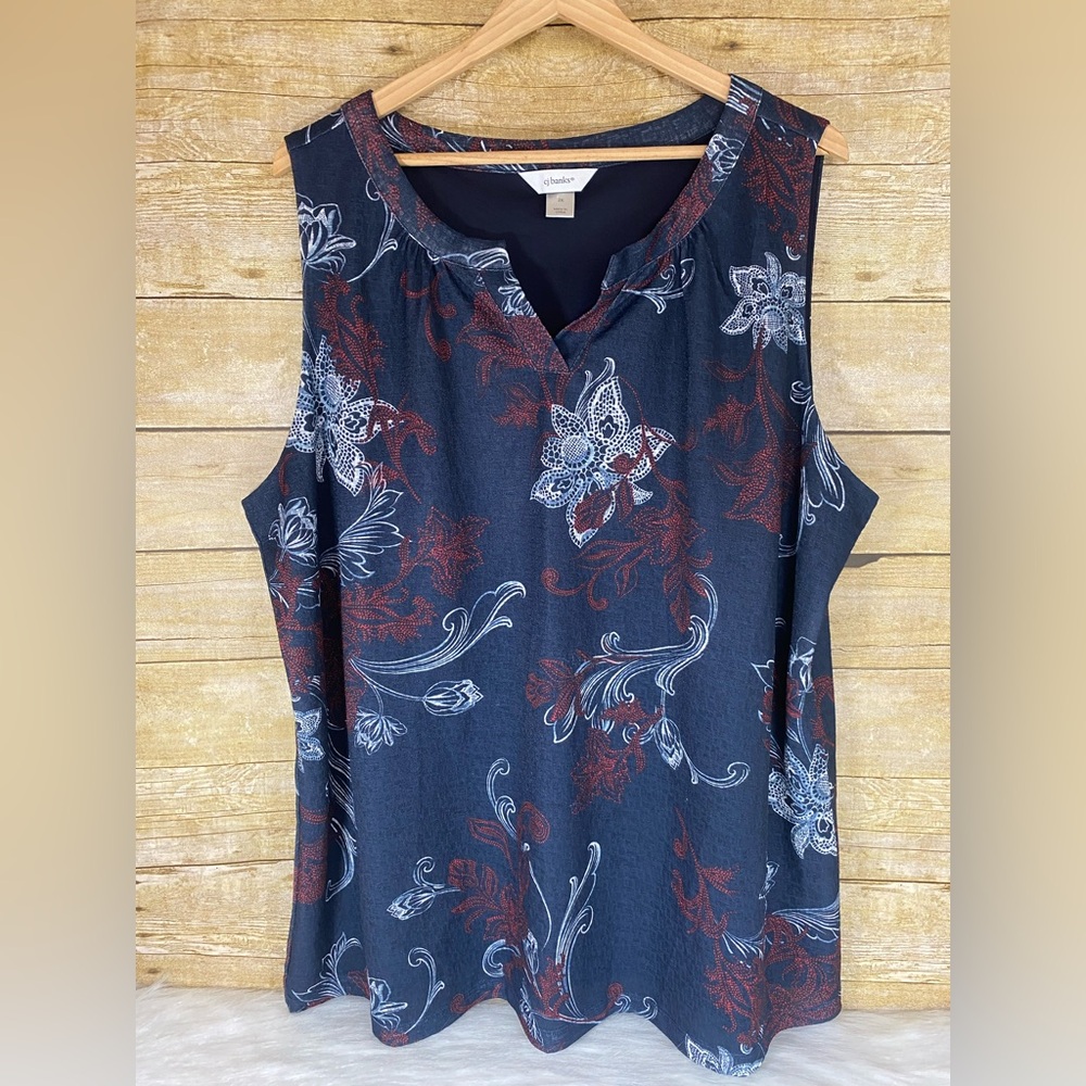 Cj Banks Blue Sleeveless Sz 2x V-Neck Lined Floral Blouse Top